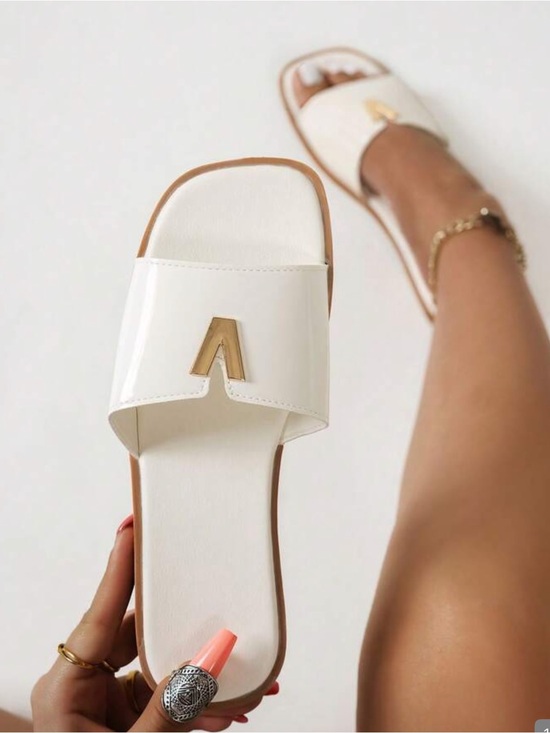 Shoes - Womens White Slide Sandals with Gold Accent